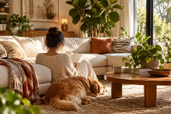 Warm modern living room with a cream sofa and leafy plants