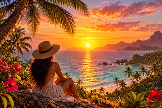 Colorful illustrated summer poster with palms and a glowing sunset
