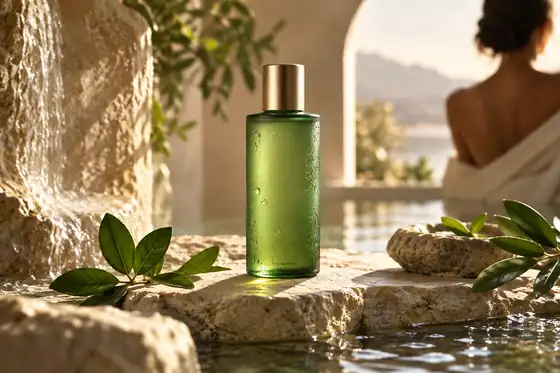 Green skincare bottle in a softly lit premium product photograph