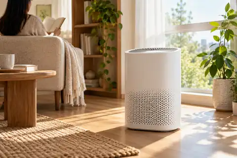 White compact air purifier photographed beside a bright window