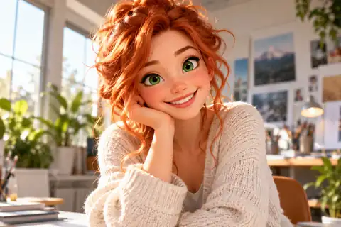 Cheerful red-haired animated character with large green eyes