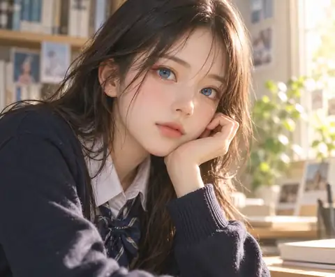 Softly colored anime portrait of a thoughtful student with blue eyes