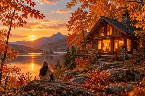 Cozy wooden cabin glowing among brilliant orange autumn trees