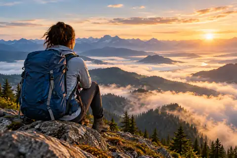 Blue hiking backpack overlooking mountains and misty valleys