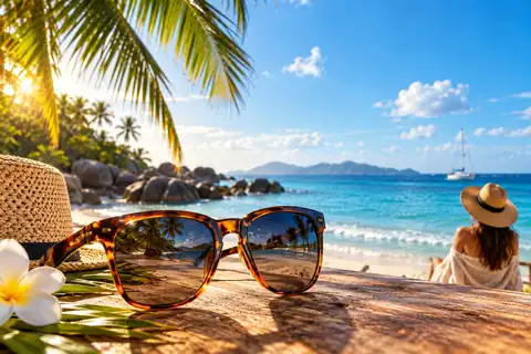Sunny beach advertisement featuring sunglasses, palms and blue sea