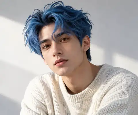 Studio portrait of a young man with vivid blue hair and soft natural light