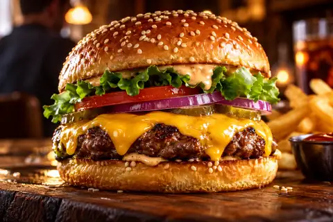 Close-up cinematic cheeseburger with sesame bun and melted cheese