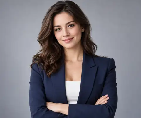Confident woman in a navy suit photographed against a soft gray studio background