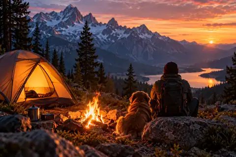 Adventure camping scene with a warm tent beside a mountain campfire