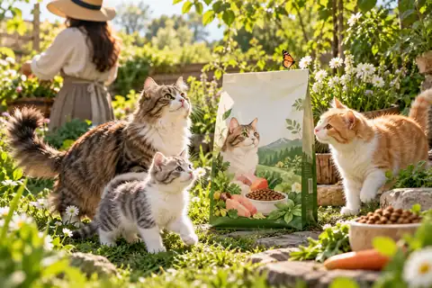Pet-food package featured in a fresh green garden with cats