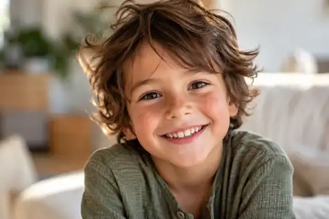 Natural portrait of a smiling child with tousled brown hair