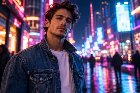 Fashion portrait of a man in a denim jacket against neon city lights