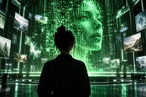 Futuristic green code portrait in an illuminated technology poster