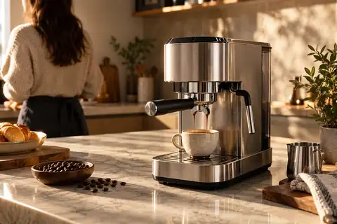 Premium espresso machine photographed on a warm kitchen counter