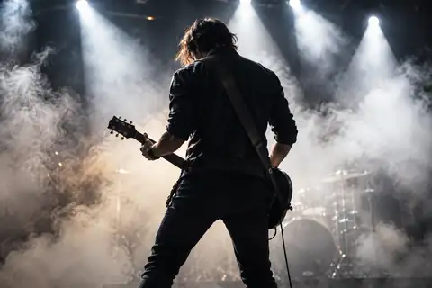 Guitarist performing beneath white spotlights and clouds of stage smoke