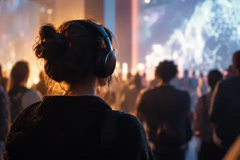Cinematic close-up of a listener wearing headphones in a crowded room
