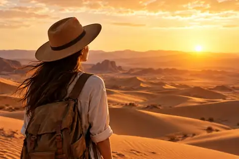 Traveler in a wide-brimmed hat standing among sunlit desert dunes