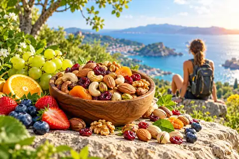 Bright colorful healthy snack advertisement with nuts and fruit