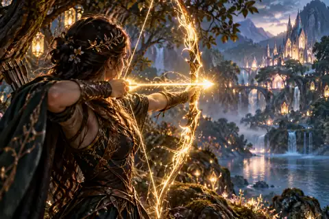 Fantasy archer drawing a luminous bow in an enchanted woodland