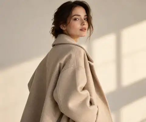 Minimal portrait of a woman in an oversized beige coat