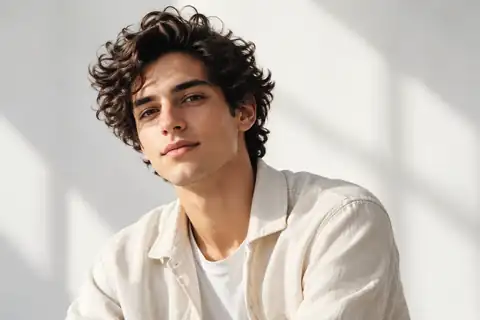 Editorial portrait of a young man with dark wavy hair against a light background