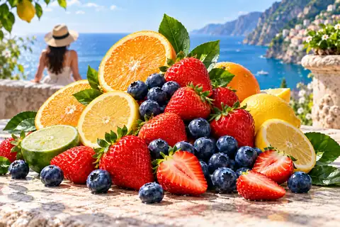 Colorful strawberries, blueberries and sliced citrus stacked in a bright still life