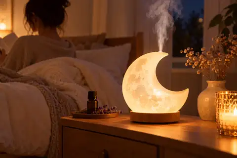 Moon-shaped glowing aroma diffuser on a warm bedside table