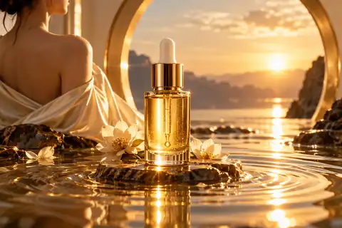 Golden skincare serum bottle with luminous ripples and warm highlights