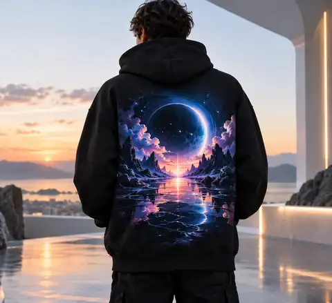 Black hoodie with vivid futuristic artwork in a clean product photograph