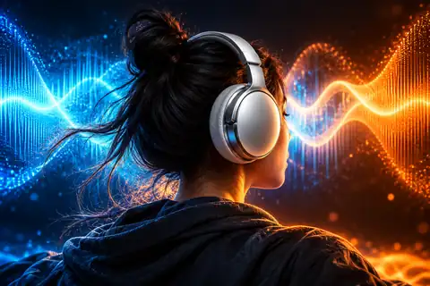 Silver over-ear headphones against vivid blue and orange sound waves