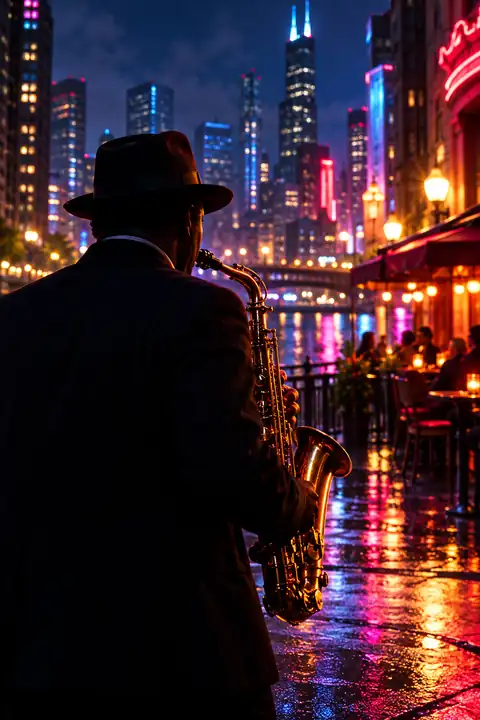Nighttime jazz poster featuring a saxophone player under neon city lights