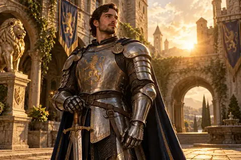 Armored medieval knight standing beneath golden light in a stone courtyard