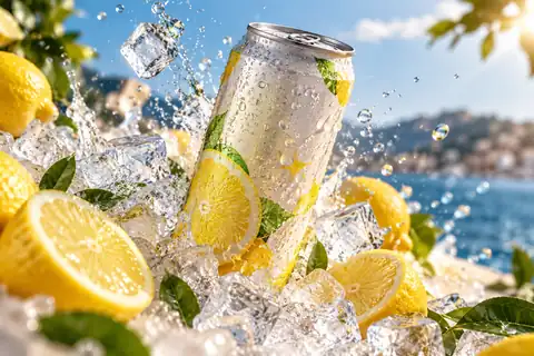 Cold lemon drink can splashing through ice and fresh citrus