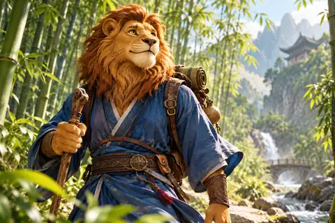 Friendly illustrated lion adventurer in a blue robe amid bamboo