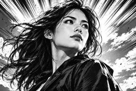 Dramatic black-and-white manga portrait with hand-drawn speed lines