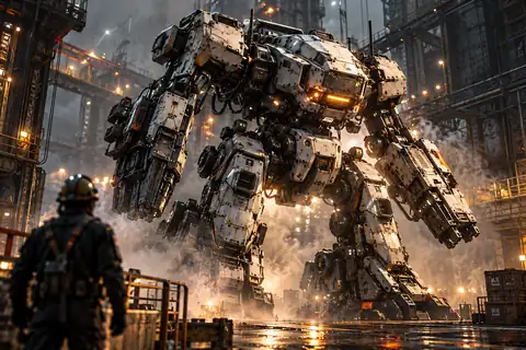 Detailed sci-fi combat robot in a smoky industrial setting