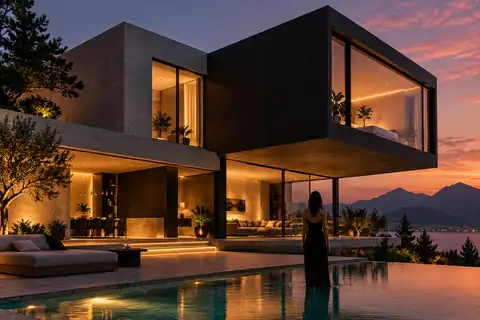 Dramatic modern house assembled from geometric volumes at dusk