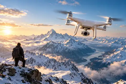 White camera drone flying over expansive snow-capped mountains