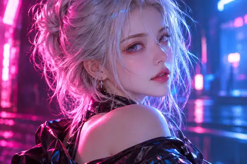 Silver-haired anime character illuminated by pink and blue neon lights