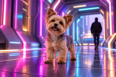 Small dog posing in a futuristic corridor lit by colorful neon strips
