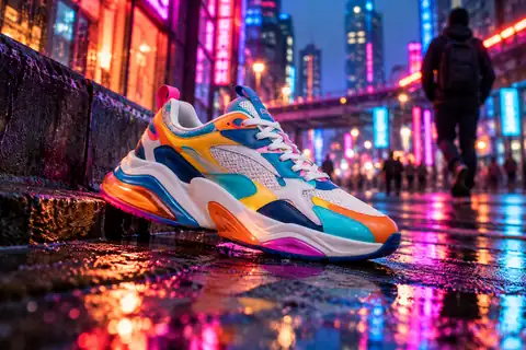 Colorful sneaker featured against a vivid neon street background