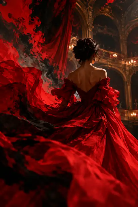 Expressive opera poster with dramatic red and black painted flourishes