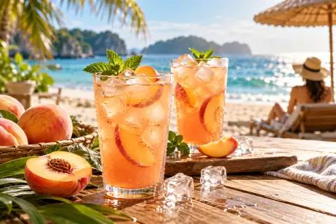 Refreshing peach drinks with ice and fruit beside a sunny beach