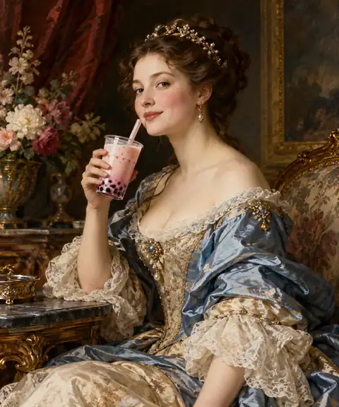 Classic painted portrait reimagined with a modern sweet drink
