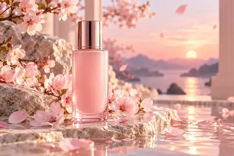 Pink skincare bottle among soft blossoms on a pastel background