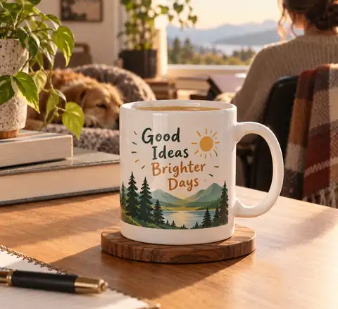White ceramic mug bearing a warm illustrated phrase on a wooden desk