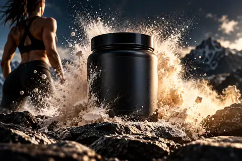 Premium sports nutrition product photograph with a dramatic powder burst