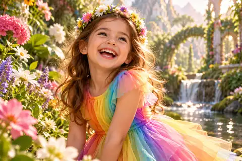Joyful child in rainbow-colored clothing laughing in a magical garden