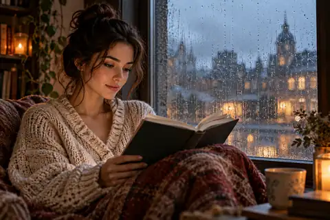 Illustrated young woman reading a book beside a rain-streaked window