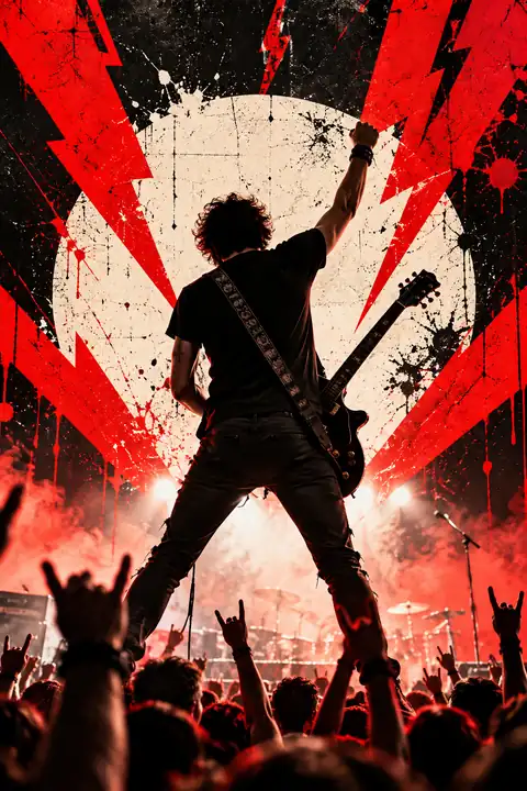 Bold distressed rock-concert poster with electric guitars and vivid graphic shapes